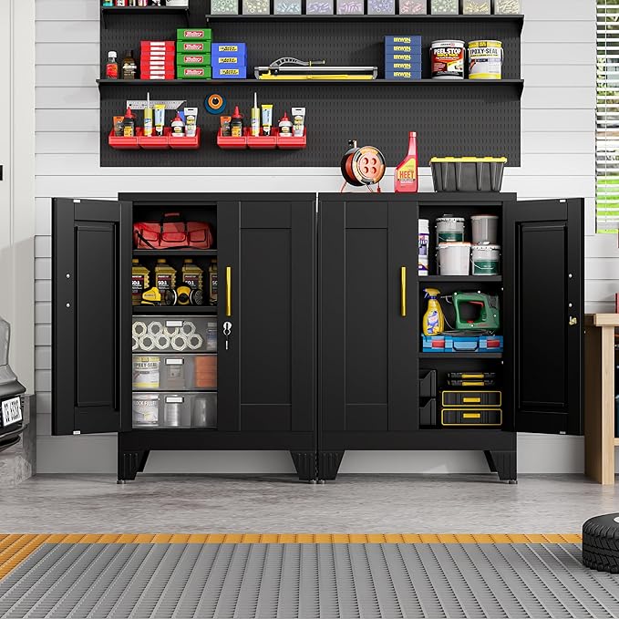Black Metal Pantry Cabinet with Lock(Two Units), Sideboard Buffet Storage Cabient with Doors and 2 Adjustable Shelves, Multifunctional Kitchen Cupboard for Home Office, Buffet Table