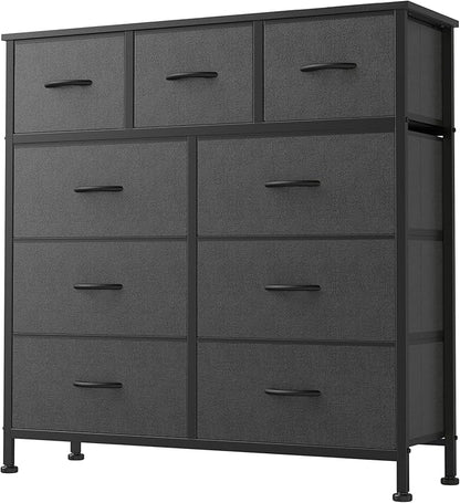 DUMOS 9 Drawer Dresser, Fabric Storage Organizer with Sturdy Metal Frame and Wooden Top, Modern Chest of Drawers for Bedroom Closet Entryway,Grey
