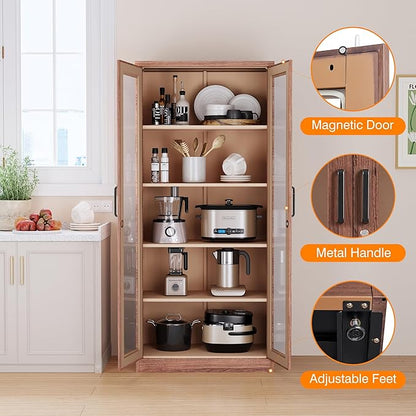 Glass Display Cabinet,Metal Storage Cabinet with Doors and 4 Adjustable Shelves,Lockable Glass Display Case for Home,Office and Exhibition Hall (Rustic Brown)