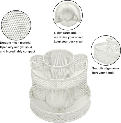 Annova Mesh Desk Organizer Rotate with 6 Compartments Round Spinning Tidy Candy/Pen Holder Desk Accessories Office, Art Supply, Storage, Classroom, Home (White)