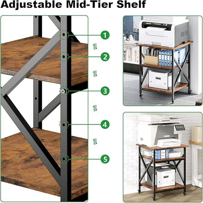 Ollieroo 3 Tier Printer Stand, Large Table with Wheels, Rolling Cart with Height Adjustable Middle Storage Shelf, 23.6 x 23.6 x 30.3 Inches Shelf for Home Office, Vintage Brown