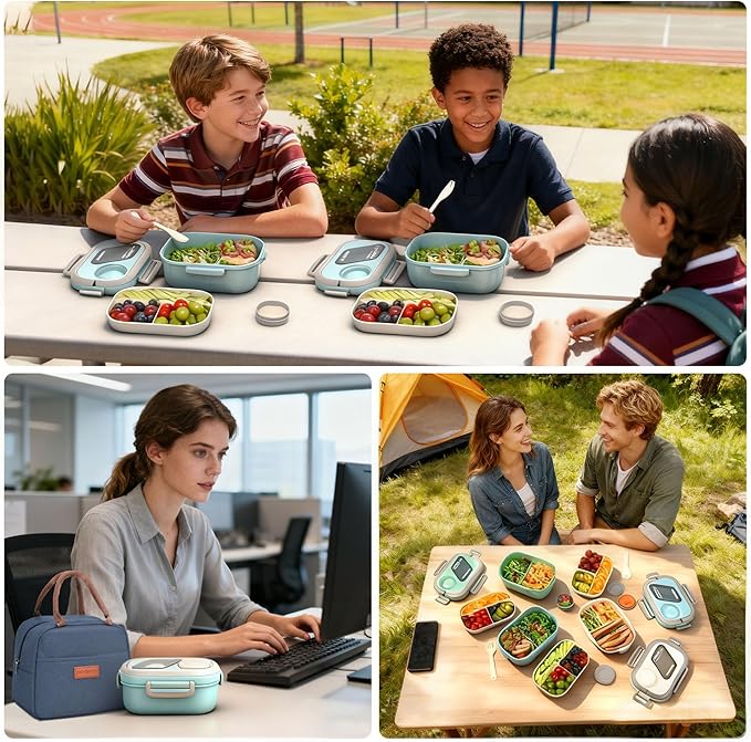 Lunch Containers Bento Box Set for Adults & Kids with Insulated Bag, Leakproof 3-Compartment and 2-Tier Stackable Container with Portable Sauce Pod, Microwave/Dishwasher Safe, BPA-Free (Blue)