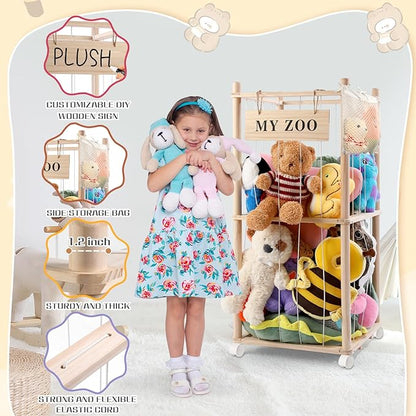 Stuffed Animal Storage Zoo with Wheels, Wooden Stuffed Animal Organizer with Elastic Cords, Space Saving Toy Plushies Storage Holder for Playroom, Bedroom, Living Room(Burlywood, Small)