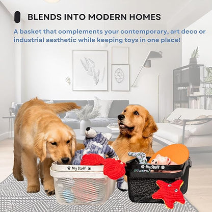 Dog Toy Basket Metal Mesh Metal, Chew Proof, 16 (L) x 9.5 (W) x 7 (H) inches White Dog Toy Bin, Sturdy Pet Toy Basket