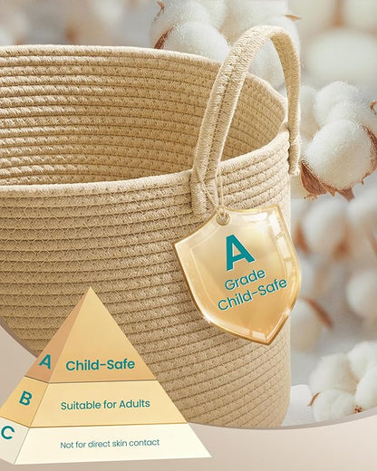 SONGMICS Laundry Hamper, Cotton Rope Laundry Basket with Handles, for Children, Toys, Clothing, Living Room, Bedroom, 15.8 Gallons, 13.8 x 13.8 x 19.7 Inches, Yellowish Brown URLH061KZ01