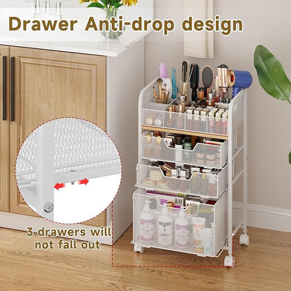 Makeup Cart Organizer with 3 Drawers,Floor Skincare Organizers with Dividers, Vanity Organizer Cosmetics Display Cases Holder for Skin Care Nail Polish Perfume Makeup brush Hair Tool,White