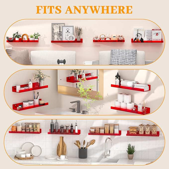 2 Pack Floating Shelves–15'' Red Acrylic/PET Wall-Mounted No Drill Storage with Adhesive, Bathroom & Bedroom Shelving for Kitchen, Living Room, Home Decor