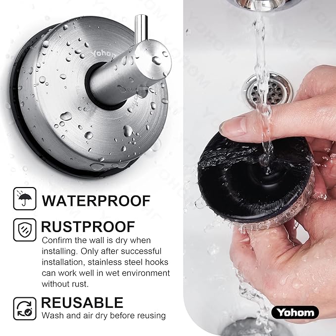 YOHOM Vacuum Suction Cup Hooks Shower Towel Holder Bathroom Shower Hook Brushed Stainless Steel Suction Towel Rack Kitchen Storage Organizer for Bathrobe Loofah Washcloth 4Pcs
