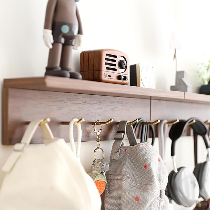 5-Hook Wall Mounted Coat Rack with Storage Shelf - Multi-Functional Key & Jacket Hanger for Entryway, Walnut Finish, Style D-1