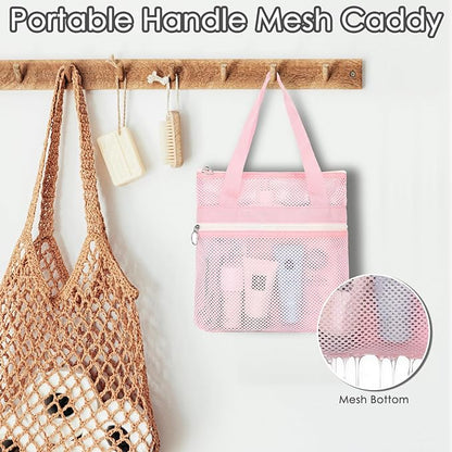 Mesh Shower Caddy Portable Shower Bag for Travel, Gym, Camping – Quick-Dry Hanging Toiletry Organizer with Zipper Pockets for Bathroom Essentials,Pink