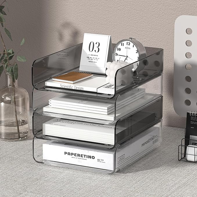 Acrylic Paper Tray Organizer for Desk, Clear & Brown Stackable Letter Tray, 4-Tier Paper File Organizer, Office Desk Accessories for Document Organization