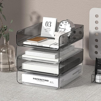 Acrylic Paper Tray Organizer for Desk, Clear & Brown Stackable Letter Tray, 4-Tier Paper File Organizer, Office Desk Accessories for Document Organization