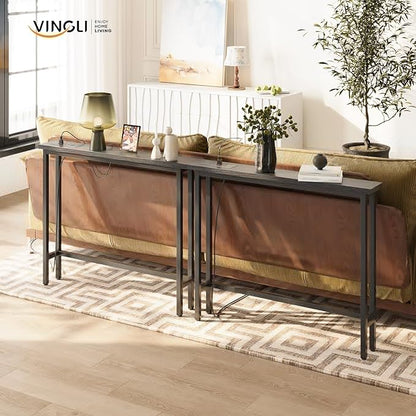 VINGLI 79" Console Table with Charging Station, 5.9" Narrow Sofa Table Set of 2, Entryway Table with Power Outlet & 4.9 Ft Extension Cord & Adjustable Feet, for Living Room, Hallway, Black