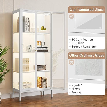 Display Cabinet with 3 Color LED Lights and Tempered Glass, 66 Inch Tall Curio Cabinet with 3 Side Glass, White Display Case for Collectibles, Lighted Cabinets for Living Room- Assemble Required
