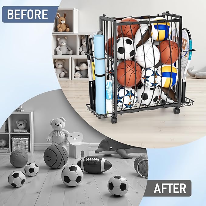 Sports Equipment Garage Organizer,Garage Ball Storage Rack for Sports with Wheels-Upgraded Sports Organizer Rack Outdoor Basketball Racks for Balls with Holder and Hooks (Deep Black)