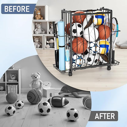 Sports Equipment Garage Organizer,Garage Ball Storage Rack for Sports with Wheels-Upgraded Sports Organizer Rack Outdoor Basketball Racks for Balls with Holder and Hooks (Deep Black)