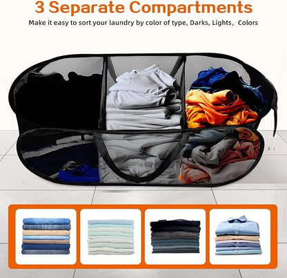 Foldable Laundry Baskets, Collapsible Mesh Laundry Hamper, Durable Pop Up Laundry Basket, 3 Compartments Clothes Hampers for Laundry, Easy to Carry & Sort for Dorm, Home, Kids Room, Travel Black