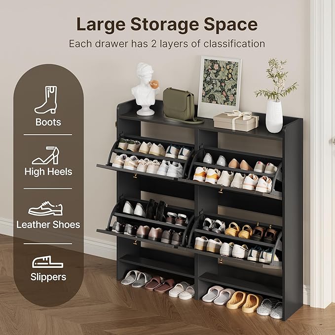 Gizoon Shoe Storage Cabinet with 4 Flip Drawers, Mordern Freestanding Shoe Organizer for Entryway, Narrow Rack Cabinet with Storage for Entrance, Hallway, Black