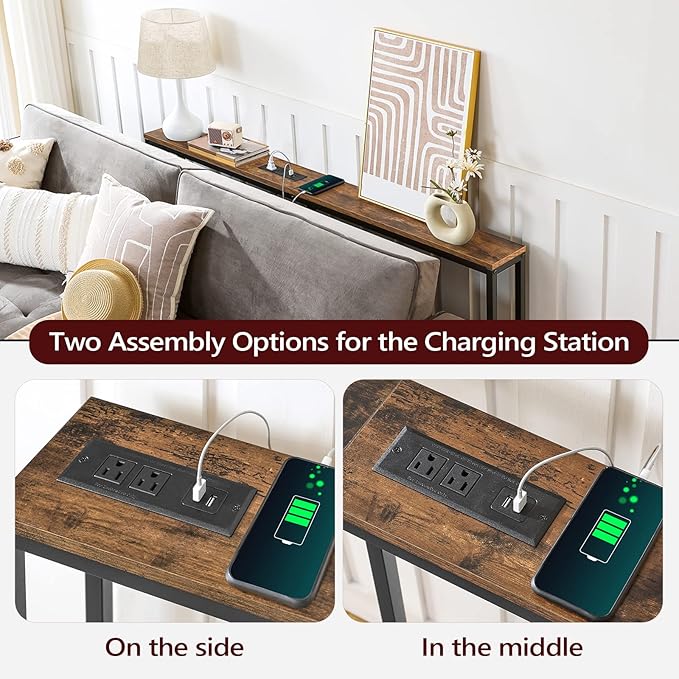 Skinny Console Table with Power Outlets, 55.1" Narrow Sofa Table, Behind Couch Table with Charging Station, Sofa Hallway Table for Plants, Living Room CTHR145E01