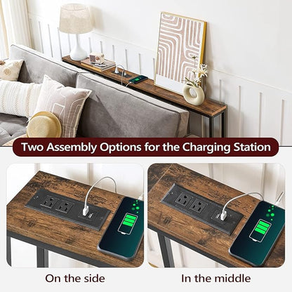 Skinny Console Table with Power Outlets, 55.1" Narrow Sofa Table, Behind Couch Table with Charging Station, Sofa Hallway Table for Plants, Living Room CTHR145E01