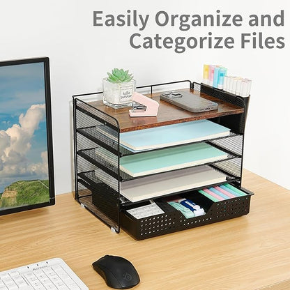Desk Organizers and Accessories, 5-Tier Paper Letter Tray Organizer with Drawer & 2 Pen Holders, Desktop Organizer for Office Supplies (Wood)