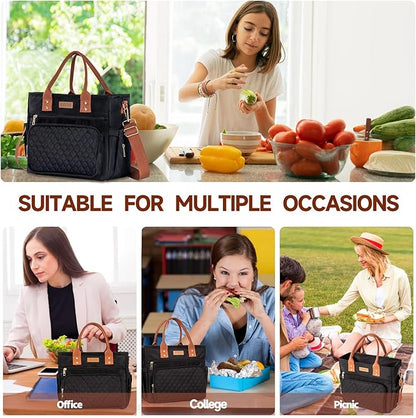 Large Women Lunch Bags for Work Insulated/Insulated Adult Lunch Box for Women/Durable Nylon Thermal cooler Bag /Leakproof Cooler Tote Bag with Storage Pocket(Newly upgraded Noir Black Brown strap)