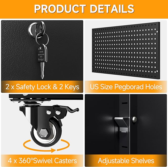 Metal Cabinet with Wheels,72.8" H Rolling Tool Storage Cabinet with Locking Doors and Adjustable Shelves,Garage Organization Cabinets,Lockable Storage Cabinet on Wheels for Garage,Warehouse (Black)