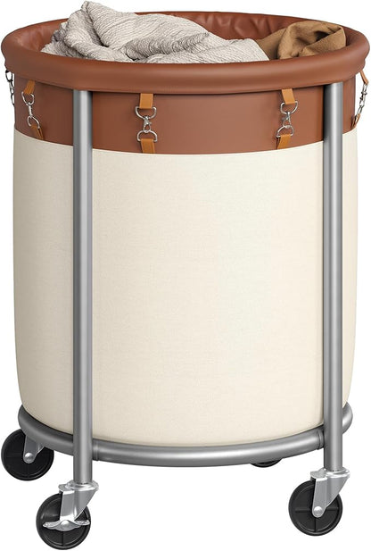 SONGMICS 29-Gallon (110 L) Laundry Basket with Wheels, Rolling Round Heavy-Duty Laundry Hamper Cart with Steel Frame and Removable Bag, 2 Locking Wheels, Coffee Brown and Cream White URLS002KQ02