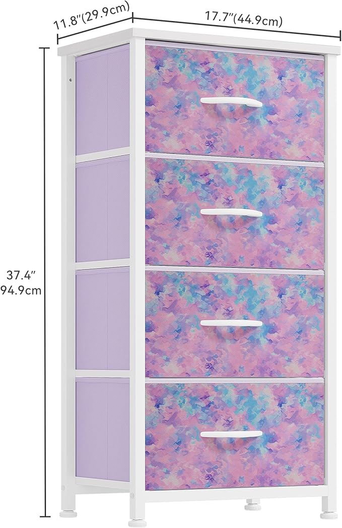 DWVO Dresser with 4 Drawers - Storage Tower Unit, Dresser for Bedroom, Living Room, Closets - Sturdy Steel Frame, Wooden Top & Easy Pull Fabric Bins, Purple