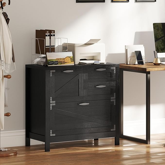 HOMCOM 4 Drawer File Cabinet, Farmhouse Lateral Filing Cabinet with Adjustable Hanging Rails for Letter/A4/Legal Size Files, Printer Stand for Home Office, Black