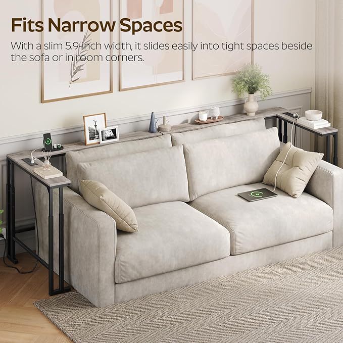 70.9" Narrow Console Table with Adjustable Height (27.6"-35.4"), L Shaped Sofa Table Narrow Long, Skinny Behind Couch Table with USB-C Ports, 5.9" Wide Sofa Side Table, Greige CT28UBG