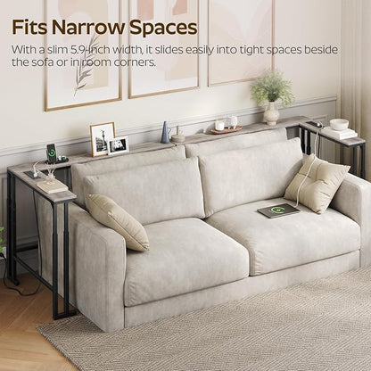 70.9" Narrow Console Table with Adjustable Height (27.6"-35.4"), L Shaped Sofa Table Narrow Long, Skinny Behind Couch Table with USB-C Ports, 5.9" Wide Sofa Side Table, Greige CT28UBG