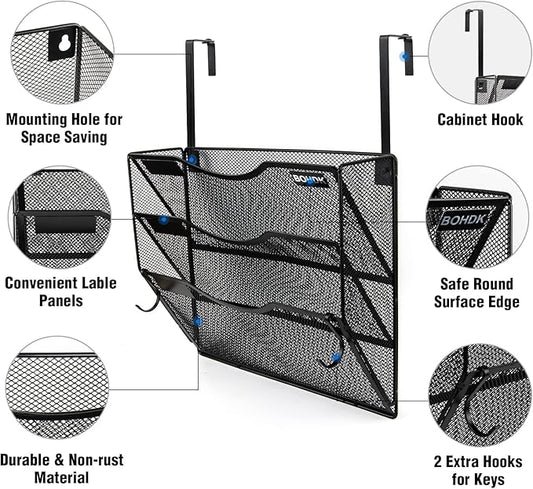 Wall File Organizer, 3 Tire Hanging File Folder Mail Organizer, Vertical Mesh Metal Door/Wall Mount Hanging File Holder, Paper Document Magazine Rack with Hooks for Home Office Black