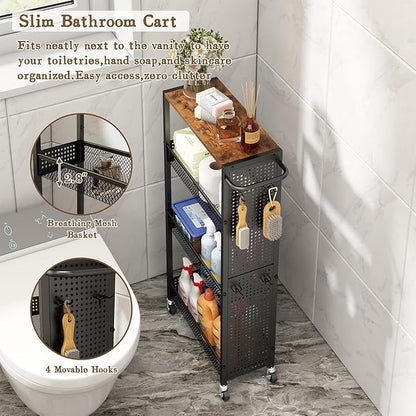 Utility Slim Storage Cart 4 Tier Small Rolling Kitchen Laundry Room Organization Cart with Wood Top Metal Narrow Laundry Room Shelves Cabinet Unit Laundry Organizer Trolley with Handle for Small space
