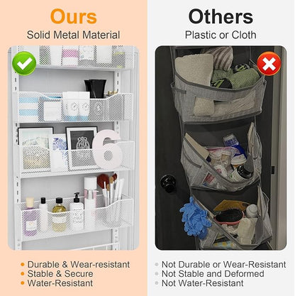 Over the Door Organizer, 2 in 1 Metal Hanging Closet Organizer & Hat Rack with 4 Adjustable Baskets, 8 Hooks, 10 Clips, Behind The Door Storage for Bedroom, Bathroom, Entrance, Closet, Kitchen, White