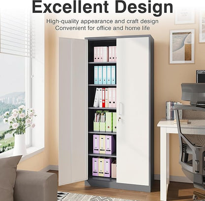 Wide & Deep Metal Storage Cabinet with 2 Doors and 5 Adjustable Shelves,72 inch Tall Locking Garage Storage Cabinet with Lock,Gray White Pantry Cabinets,Steel Cabinets for Home,Office,Garage 72x36x18