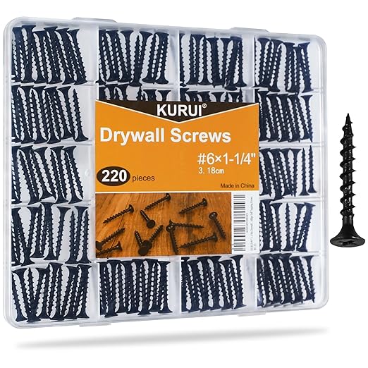 KURUI 220Pcs #6 * 1-1/4in Drywall Screws, Dry Wall Screws for Drywall Wood, Coarse Thread Sheetrock Screws - Black Bugle-Head Phillips Self Tapping Wood Screws