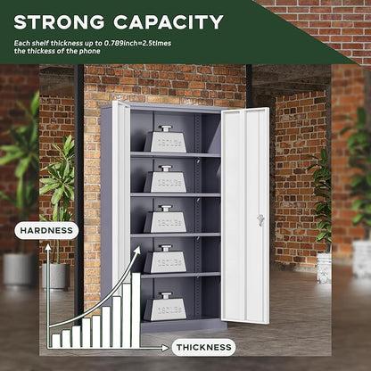 Greenvelly Metal Storage Cabinet, 72" Locking Metal Garage Storage Cabinet with Doors and 4 Adjustable Shelves, Lockable Steel Cabinet for Home Office, Garage, Shop, School (White Grey 36" W x 18" D)