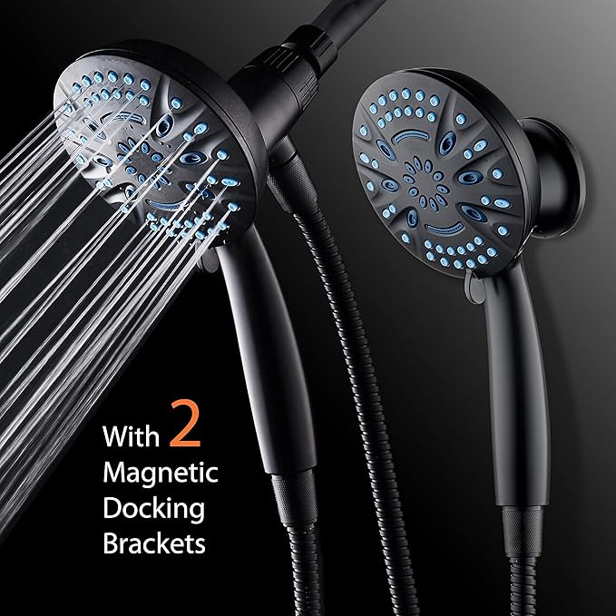 AquaCare Magneton High-Pressure 8-mode Handheld Shower Head with Magnetic Guidance Docking System - 2 Magnetic Brackets, 5 inch Face, Hygienic Jets, 6 ft. Stainless Steel Hose/Matte Black Finish