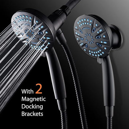 AquaCare Magneton High-Pressure 8-mode Handheld Shower Head with Magnetic Guidance Docking System - 2 Magnetic Brackets, 5 inch Face, Hygienic Jets, 6 ft. Stainless Steel Hose/Matte Black Finish