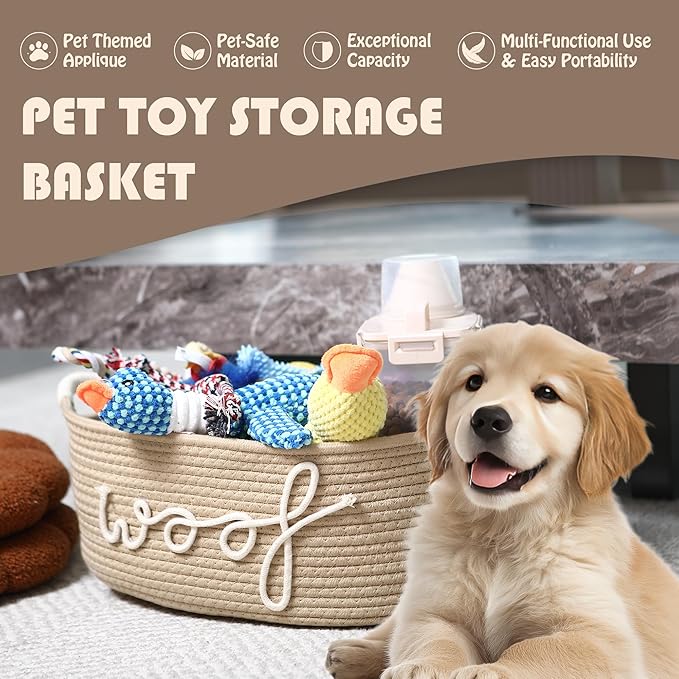 Sea Team Dog Toy Storage Basket with Handles, 16.5 x 11 x 7 Inches, 4.4 Gallons Large Cotton Rope Storage Bin, Shelf Basket, Organizer for Pet Chew Toys, Foods, Beige Woof