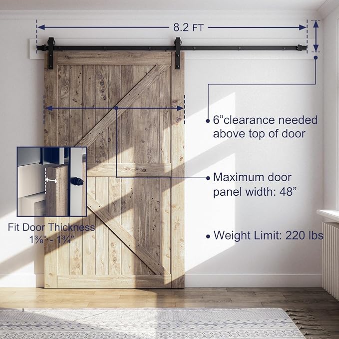 SMARTSTANDARD 8.2 FT Barn Door Hardware Kit -Sliding Barn Door Track - Smooth and Quiet - Easy to Install - Includes Step-by-Step Installation Instructions - Fits 48" Wide Door Panel (J Shape Hanger)