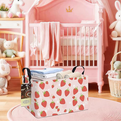 HUNRUNG Rectangle Storage Basket Cute Canvas Organizer Bin for Pet/Children Toys, Books, Clothes Perfect for Rooms/Playroom(REC-Pink Strawberry)