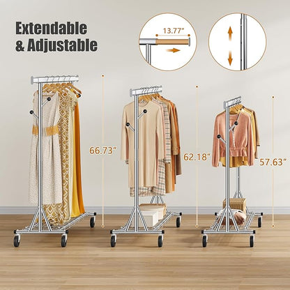 Heavy Duty Clothes Rack Load 530 lbs, Metal Rolling Clothing Rack With Sturdy Wheel And Shelves, Adjustable Portable Hanging Garment Rack For Clothes,Chrome Stainless Steel