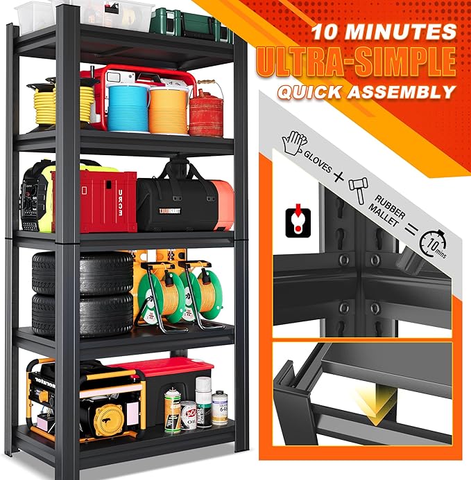 24"W Metal Garage Shelving Unit, Heavy Duty Adjustable Storage Rack, Steel Shelving, Industrial Shelves for Heavy Tools and Equipment, Ideal for Garage, Basement, Black (5-Tier 63"Hx23.6"Wx13.8"D)