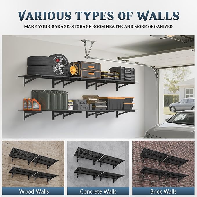 4 Pack Heavy Duty Garage Wall Shelving (2x3ft), 1400lbs Capacity Garage Shelving Wall Mounted, 24"x72"Garage Storage Rack Floating Shelves, Black
