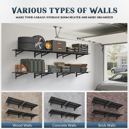 4 Pack Heavy Duty Garage Wall Shelving (2x3ft), 1400lbs Capacity Garage Shelving Wall Mounted, 24"x72"Garage Storage Rack Floating Shelves, Black