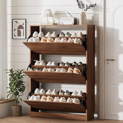 Shoe Storage Cabinet for Entryway with 3 Flip Drawers, Sturdy Wood Hidden Shoe Storage, Freestanding Narrow Slim Shoe Organizer for Front Door Entrance, Living Room, Hallway, Bedroom, Walnut