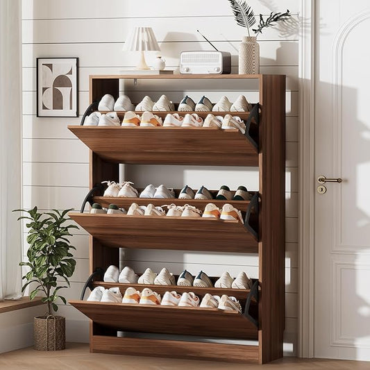 Shoe Storage Cabinet for Entryway with 3 Flip Drawers, Sturdy Wood Hidden Shoe Storage, Freestanding Narrow Slim Shoe Organizer for Front Door Entrance, Living Room, Hallway, Bedroom, Walnut