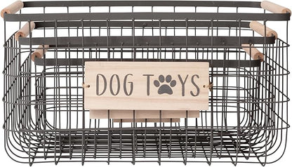 RGI Home Dog Toy Storage Baskets – Set of 3 Rectangular Metal Organizer Bins for Pet and Household Storage, Multi-Sized with Wood Accents, Durable and Rustic, Antique Gray Metal